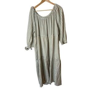 Violeta by MNG Checker Blue Peach 3/4 Sleeve Off The Shoulder Dress Size 18